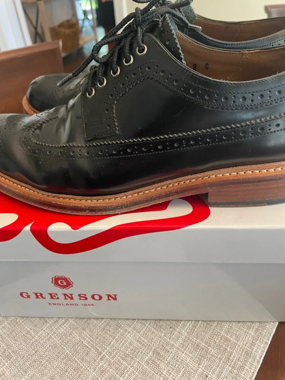 Grenson Sid Black Leather Cap Toe Derbys with Tan Welt UK Size 8G US Size 9